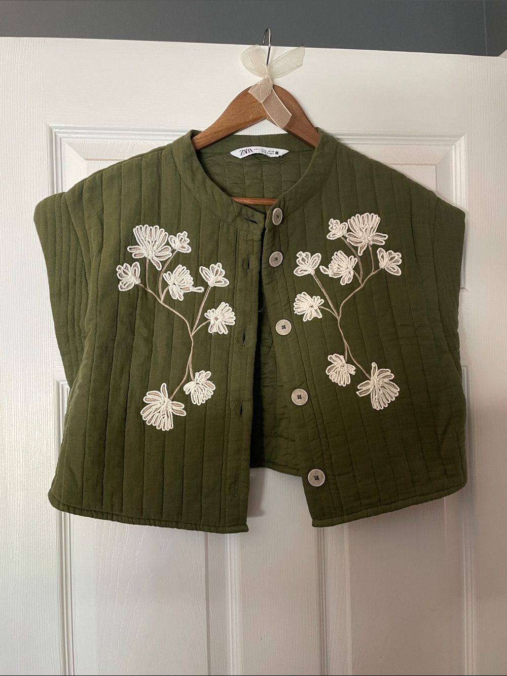 Zara Olive Green Quilted Floral Embroidered Short Vest